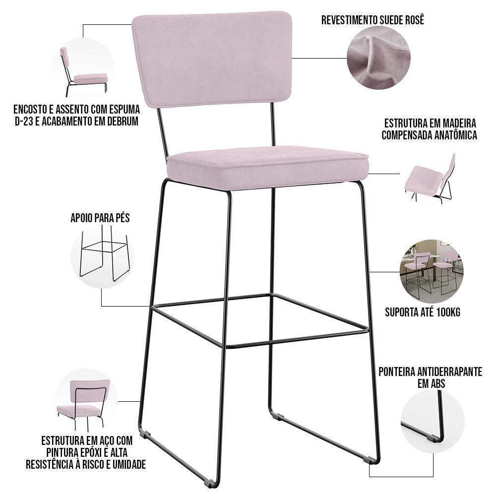 Kit 03 Banquetas Alta Para Cozinha Sala De Jantar Base Em Aço Allana L02 Suede Rosê - 7