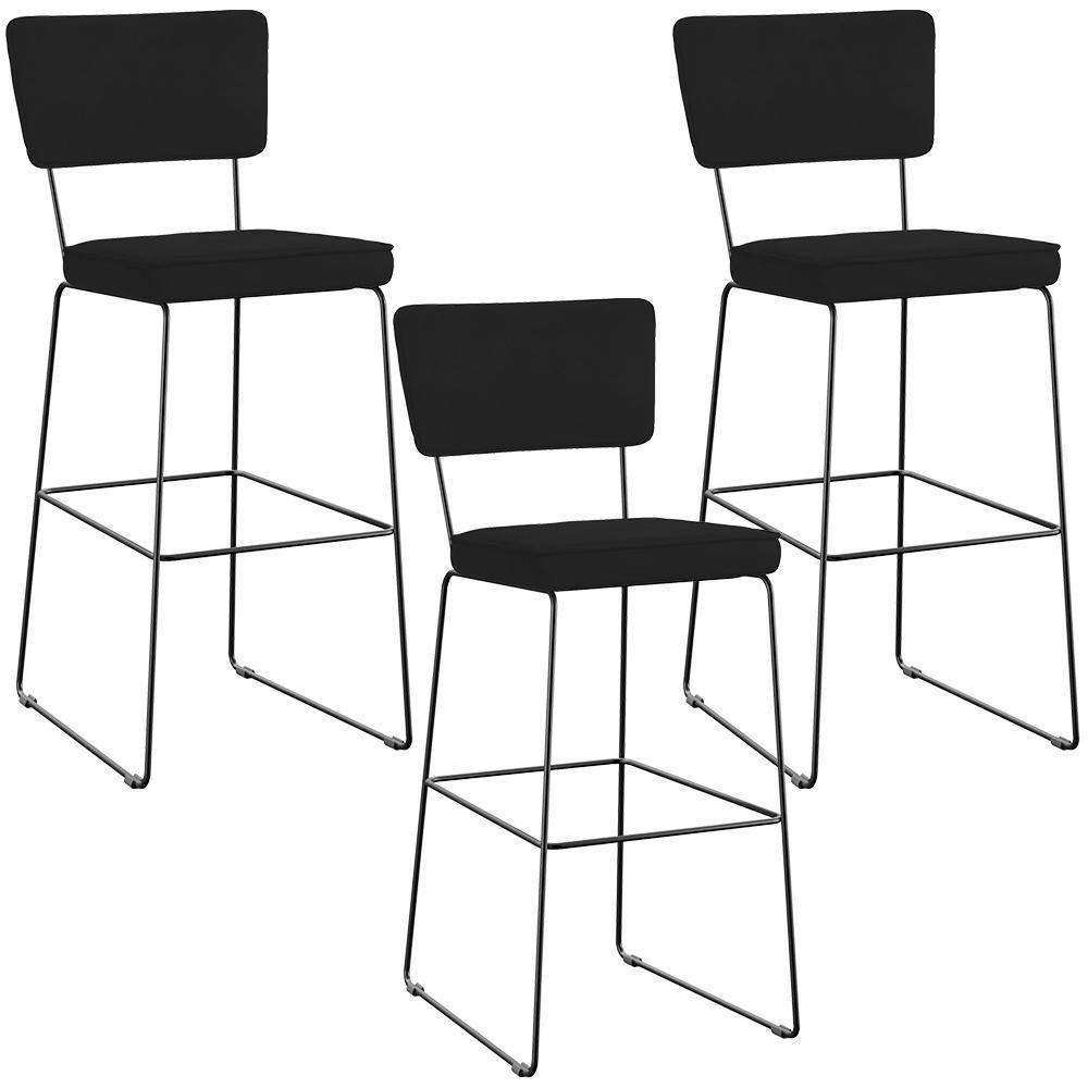 Kit 03 Banquetas Alta Para Cozinha Sala De Jantar Base Em Aço Allana L02 Suede Preto - 1