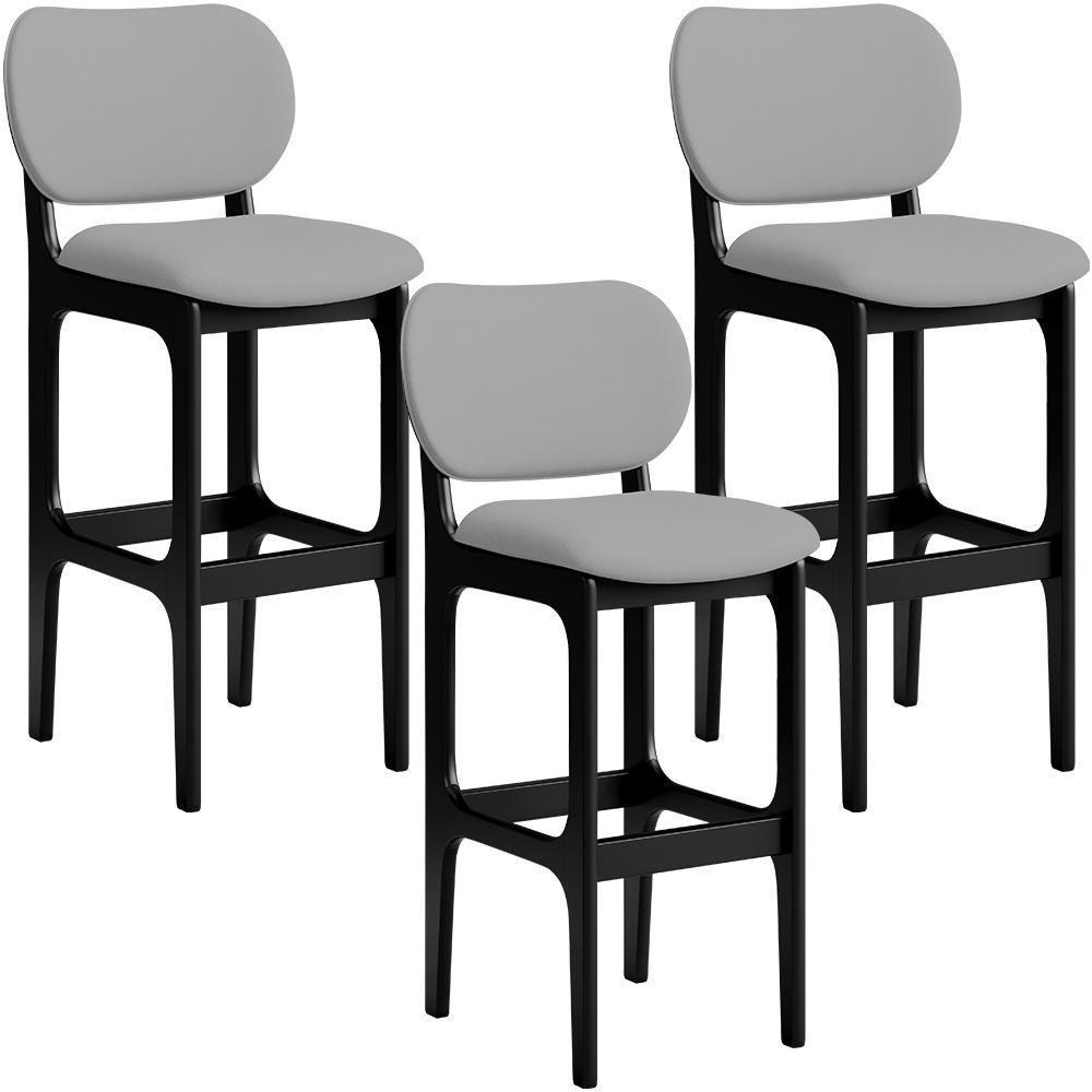 Kit 03 Banquetas Alta Para Cozinha Madeira Fixa Betta L02 Preto Facto Cinza - 1