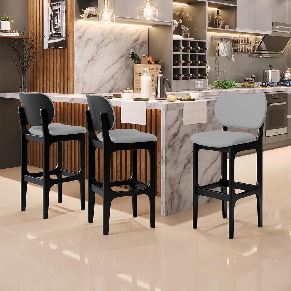 Kit 03 Banquetas Alta Para Cozinha Madeira Fixa Betta L02 Preto Facto Cinza - 8