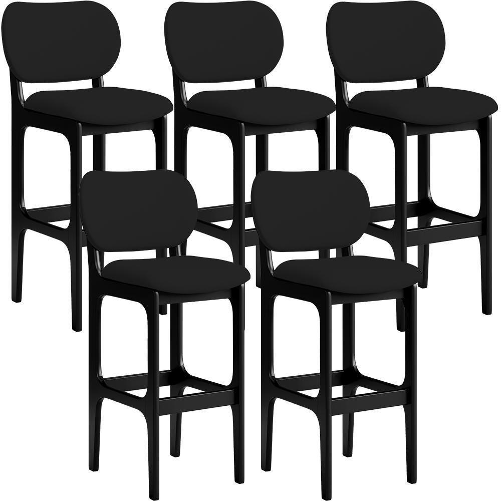 Kit 05 Banquetas Alta Para Cozinha Madeira Fixa Betta L02 Preto Facto Preto - 1