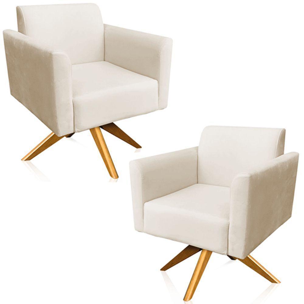 Kit 02 Poltronas Isabella Base Giratória Madeira Suede Bege - 1
