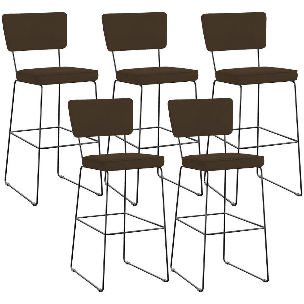 Kit 05 Banquetas Alta Para Cozinha Sala De Jantar Base Em Aço Allana L02 Suede Marrom - 1