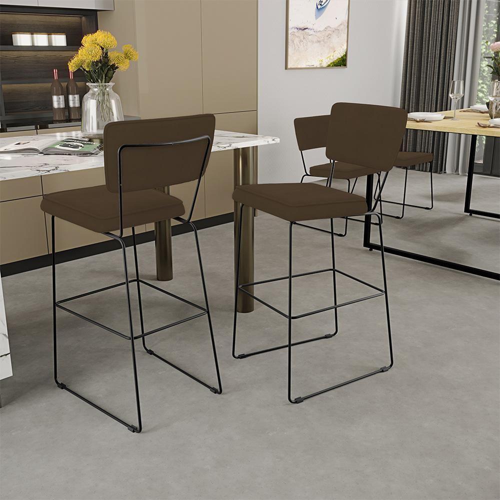 Kit 05 Banquetas Alta Para Cozinha Sala De Jantar Base Em Aço Allana L02 Suede Marrom - 9