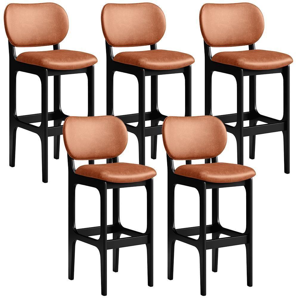 Kit 05 Banquetas Alta Para Cozinha Madeira Fixa Betta L02 Preto Couríssimo Camel - 1
