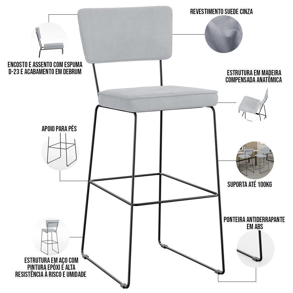 Kit 06 Banquetas Alta Para Cozinha Sala De Jantar Base Em Aço Allana L02 Suede Cinza - 7