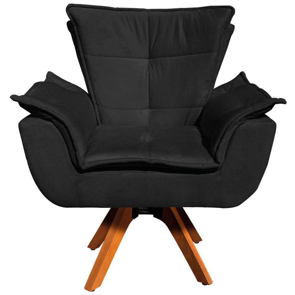 Kit 2 Poltronas Base Giratória Em Madeira Suede Preto - 2