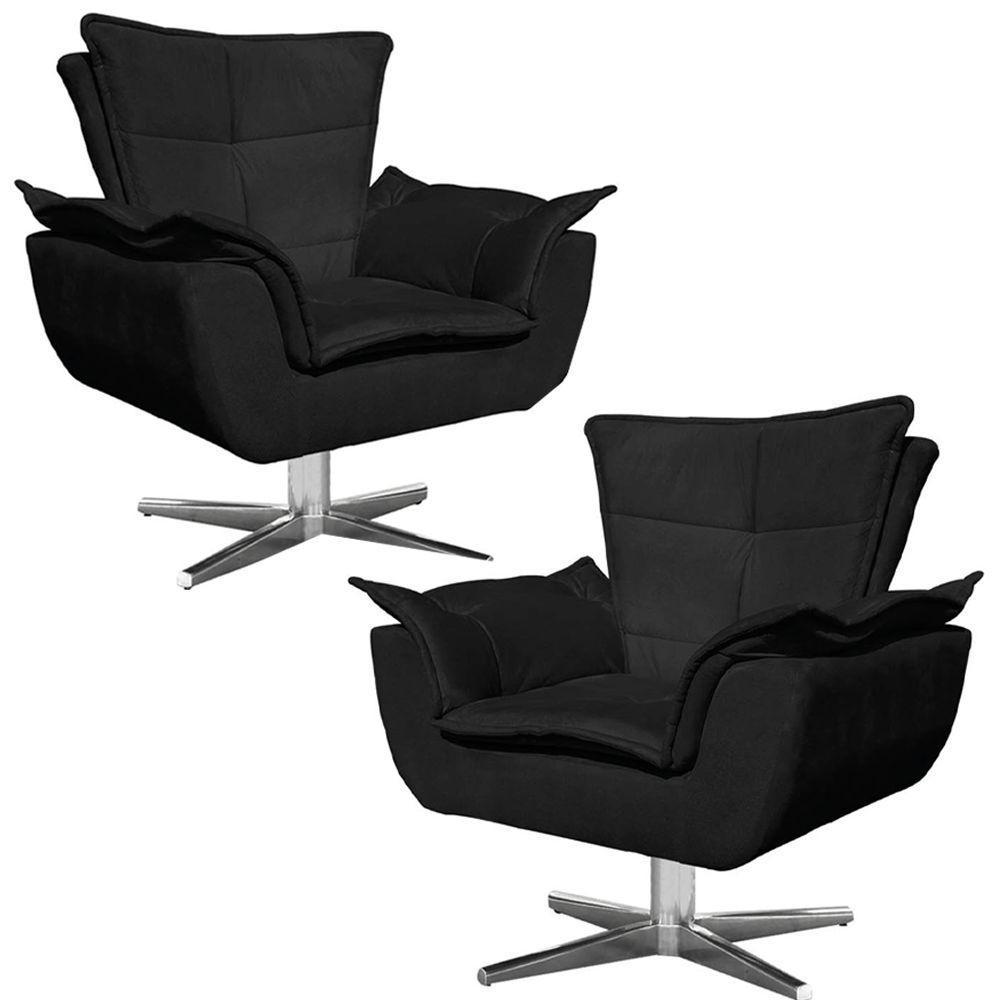 Kit 2 Poltronas Base Giratória Cromada Charger Suede Preto - 1