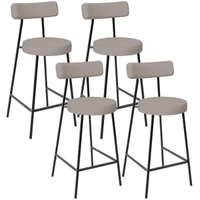 Kit 04 Banquetas Baixa Milão L02 Assento Linho Estrutura Aço com Encosto Fixo Bege