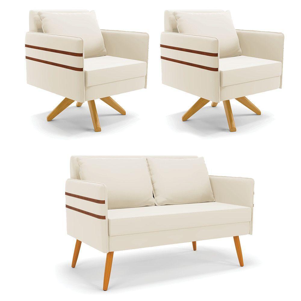Kit 01 Namoradeira 02 Lugares E 02 Poltronas Mari Veludo Bege Base De Madeira Ma30 - D'Rossi - 1