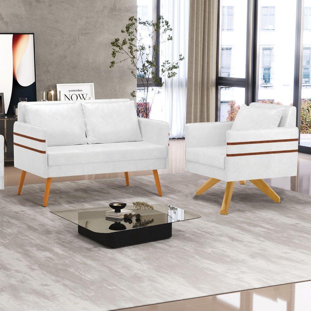 Kit 01 Namoradeira 02 Lugares E 01 Poltrona Mari Corano Branco Base De Madeira Ma30 - D'Rossi - 8