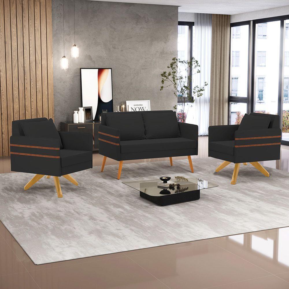 Kit 01 Namoradeira 02 Lugares E 02 Poltronas Mari Veludo Base De Madeira Ma30 - D'Rossi Preto - 9