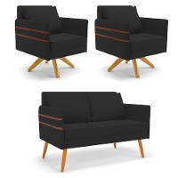 Kit 01 Namoradeira 02 Lugares E 02 Poltronas Mari Veludo Base De Madeira Ma30 - D'Rossi Preto - 1