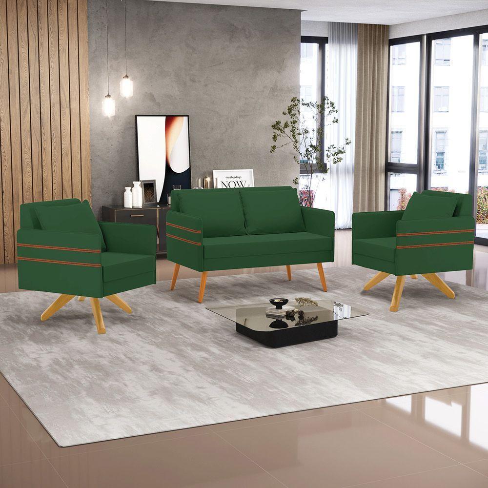 Kit 01 Namoradeira 02 Lugares E 02 Poltronas Mari Veludo Base De Madeira Ma30 - D'Rossi Verde - 8