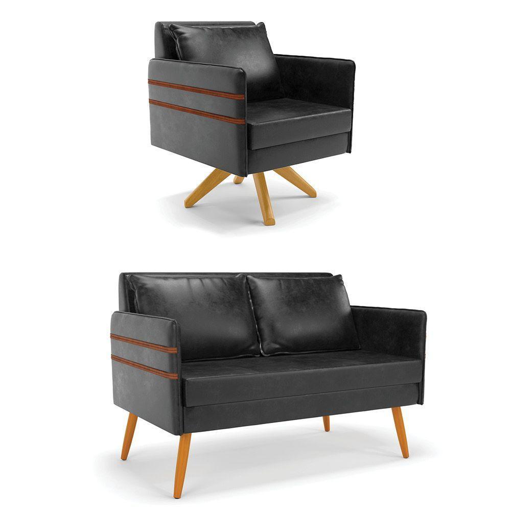 Kit 01 Namoradeira 02 Lugares E 01 Poltrona Mari Corano Preto Base De Madeira Ma30 - D'Rossi - 1