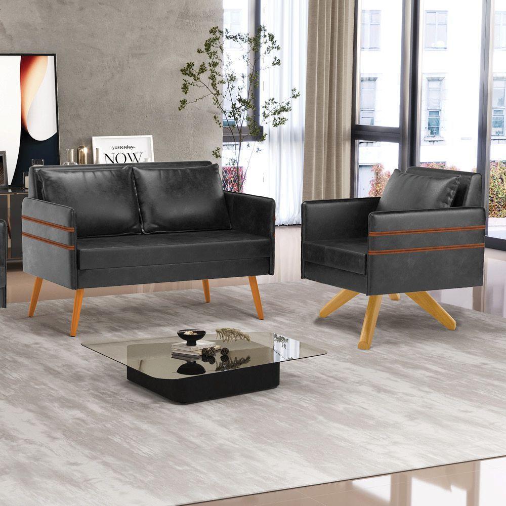 Kit 01 Namoradeira 02 Lugares E 01 Poltrona Mari Corano Preto Base De Madeira Ma30 - D'Rossi - 8