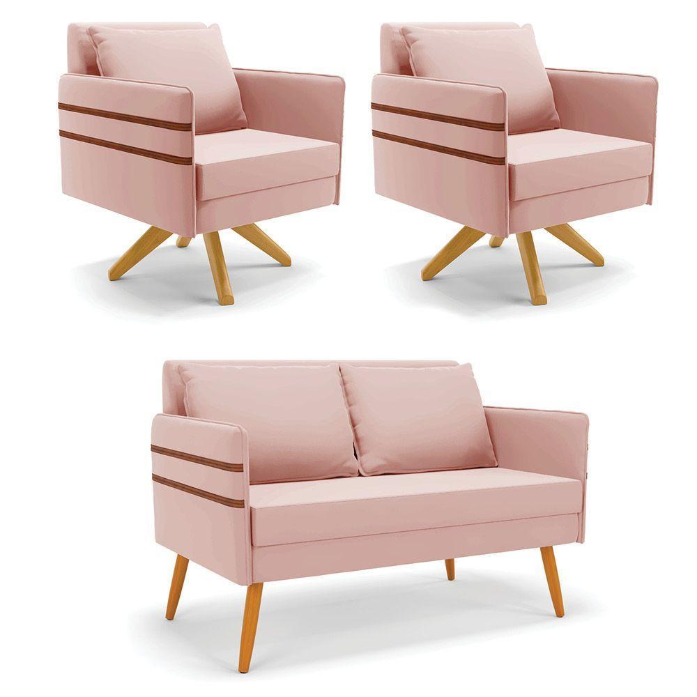 Kit 01 Namoradeira 02 Lugares E 02 Poltronas Mari Veludo Base De Madeira Ma30 - D'Rossi Rose - 1