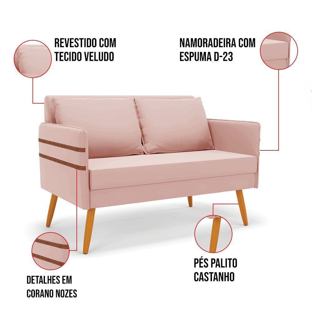 Kit 01 Namoradeira 02 Lugares E 02 Poltronas Mari Veludo Base De Madeira Ma30 - D'Rossi Rose - 5