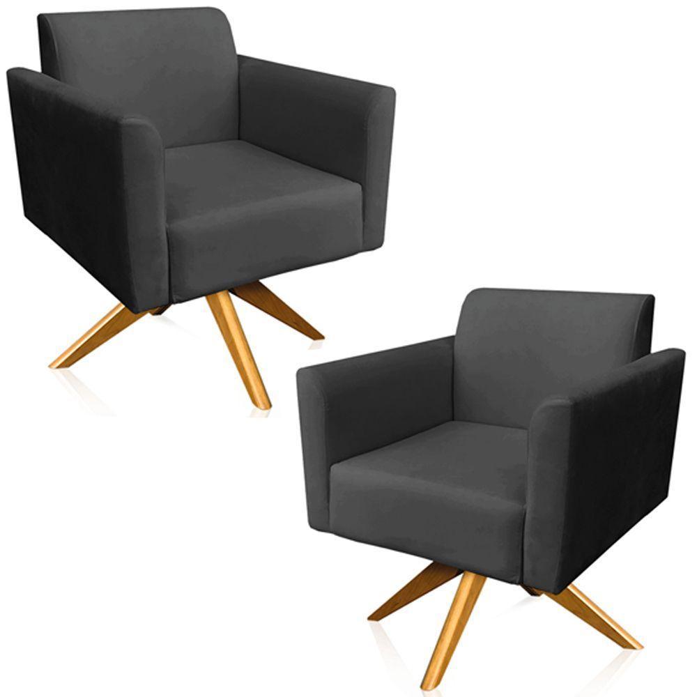 Kit 02 Poltronas Isabella Base Giratória Madeira Suede Preto - 1