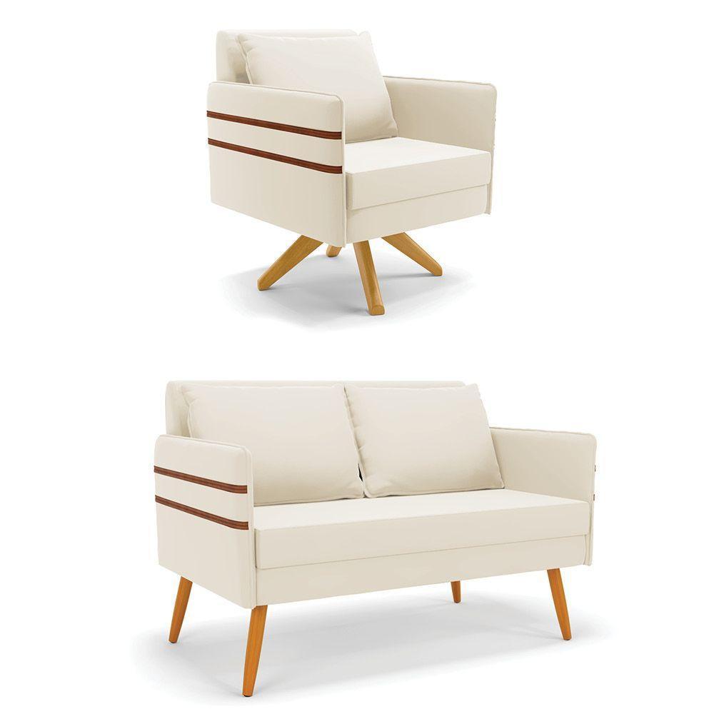 Kit 01 Namoradeira 02 Lugares E 01 Poltrona Mari Veludo Bege Base De Madeira Ma30 - D'Rossi - 1