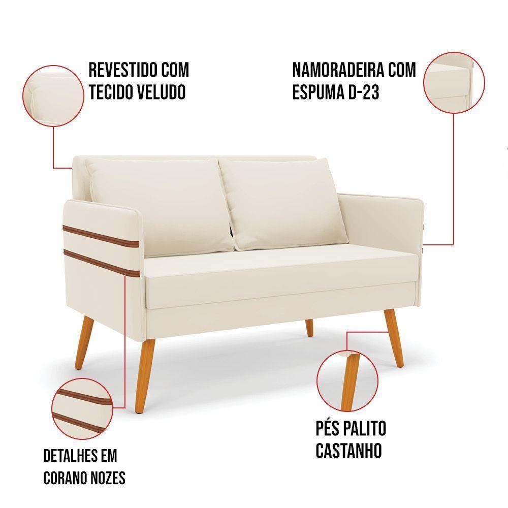 Kit 01 Namoradeira 02 Lugares E 01 Poltrona Mari Veludo Bege Base De Madeira Ma30 - D'Rossi - 6