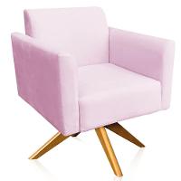 Kit 02 Poltronas Base Giratória Madeira Suede Rosa Bebê