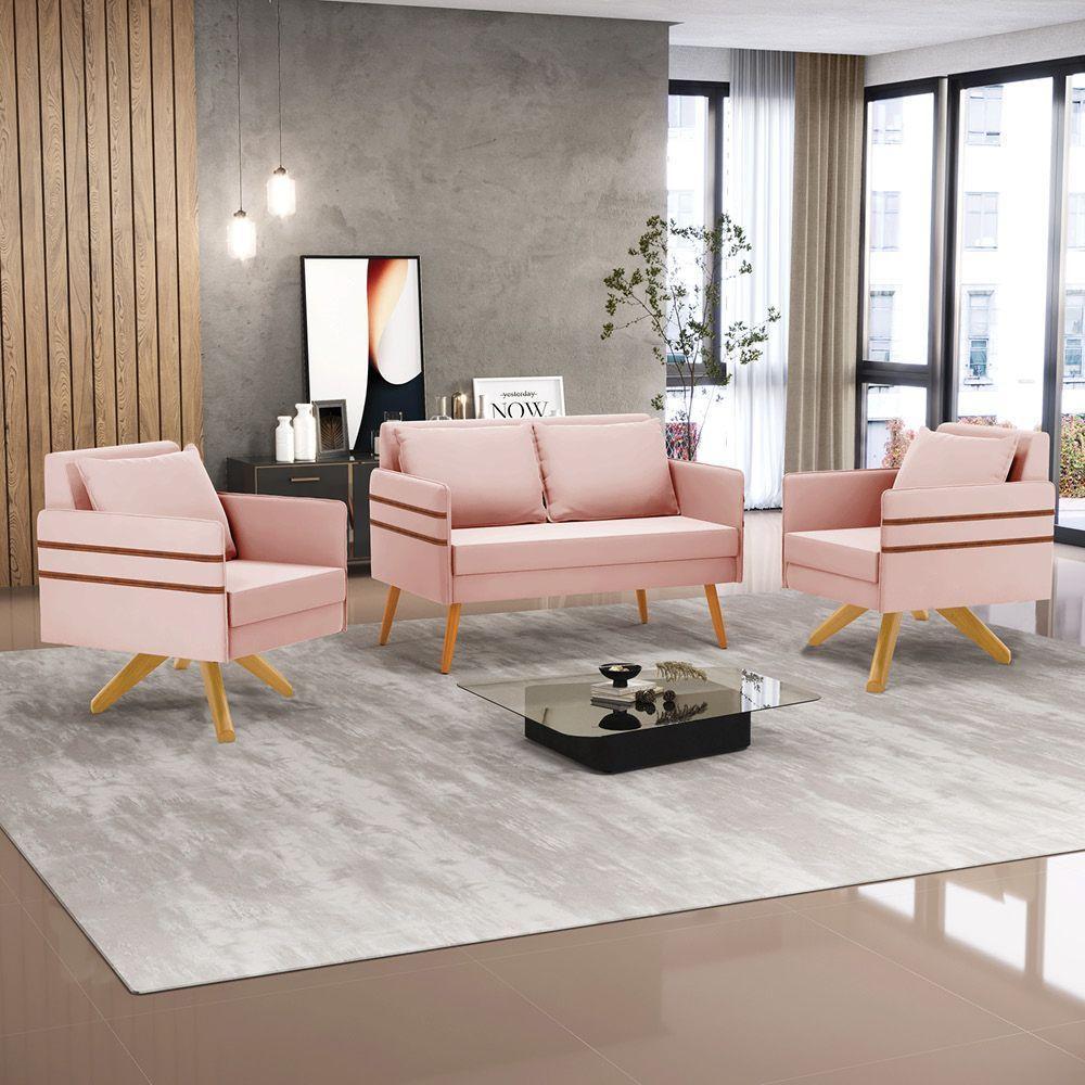 Kit 01 Namoradeira 02 Lugares E 02 Poltronas Mari Veludo Rosê Base De Madeira Ma30 - D'Rossi - 8