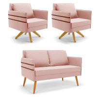 Kit 01 Namoradeira 02 Lugares E 02 Poltronas Mari Veludo Rosê Base De Madeira Ma30 - D'Rossi - 1
