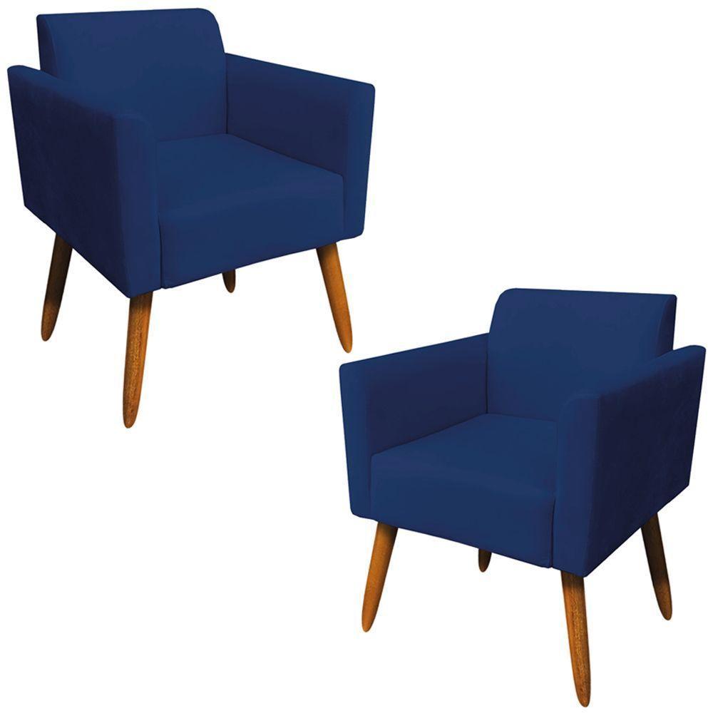 Kit 02 Poltronas Pés Palito Madeira Suede Azul Marinho - 1