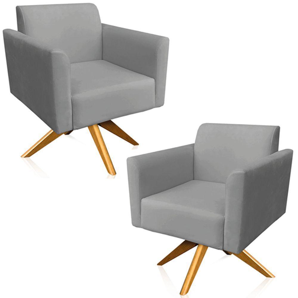 Kit 02 Poltronas Base Giratória Madeira Suede Grafite - 1