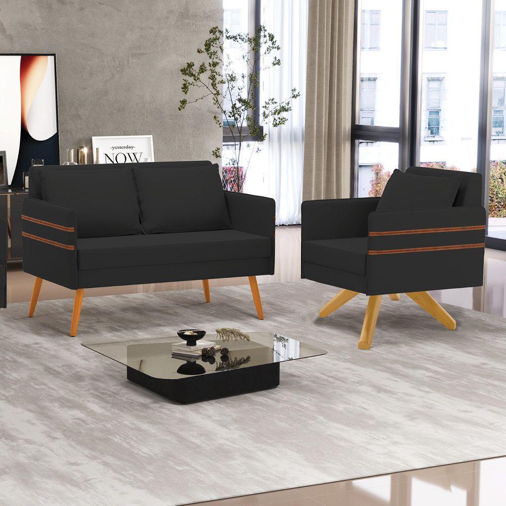 Kit 01 Namoradeira 02 Lugares E 01 Poltrona Mari Veludo Base De Madeira Ma30 - D'Rossi Preto - 9