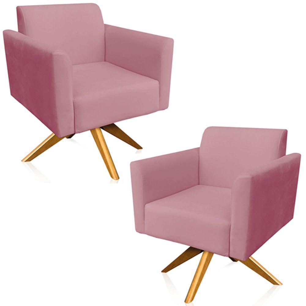 Kit 02 Poltronas Isabella Base Giratória Madeira Suede Rosê - 1
