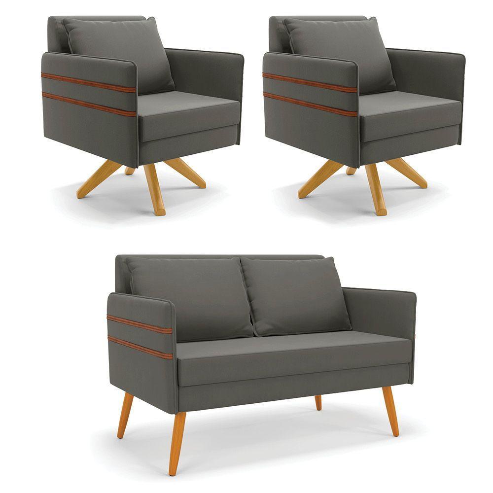 Kit 01 Namoradeira 02 Lugares E 02 Poltronas Mari Suede Grafite Base De Madeira Ma30 - D'Rossi - 1