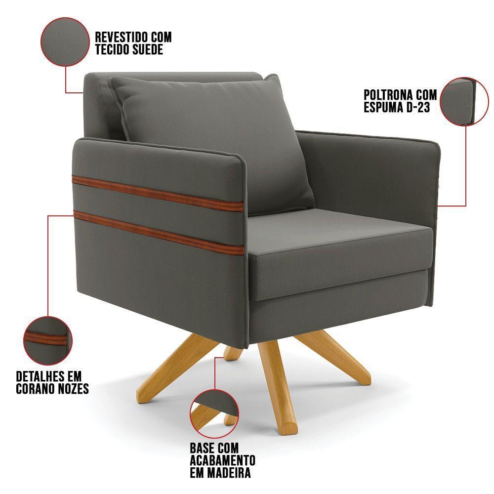 Kit 01 Namoradeira 02 Lugares E 02 Poltronas Mari Suede Grafite Base De Madeira Ma30 - D'Rossi - 4