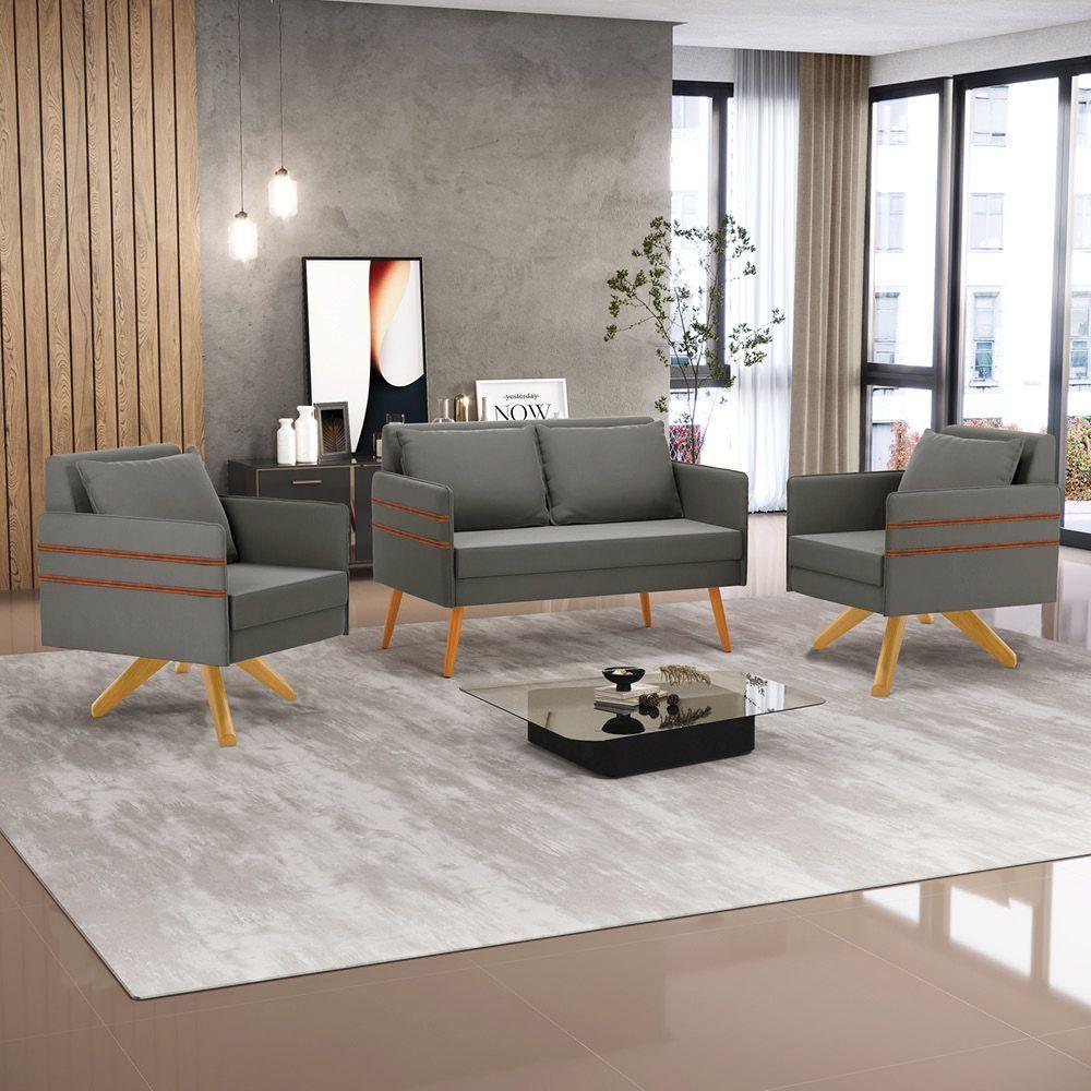 Kit 01 Namoradeira 02 Lugares E 02 Poltronas Mari Suede Grafite Base De Madeira Ma30 - D'Rossi - 8