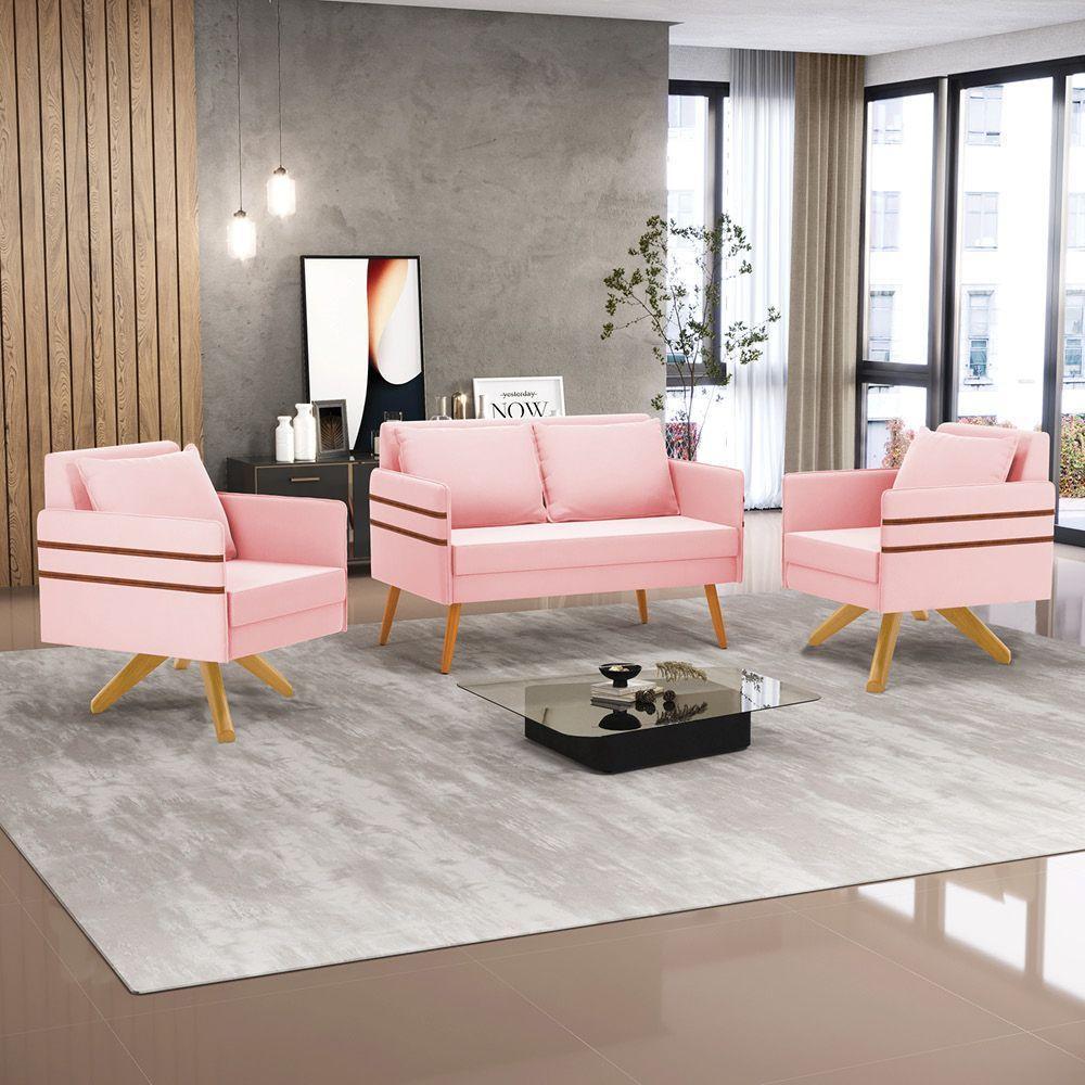 Kit 01 Namoradeira 02 Lugares E 02 Poltronas Mari Suede Rosa Bebê Base De Madeira Ma30 - D'Rossi - 8