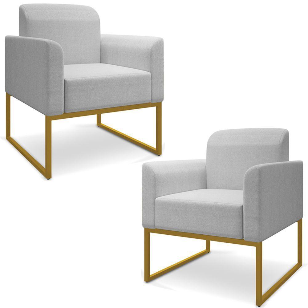 Kit 2 Poltronas Decorativas Linho Cinza/Dourado - 1