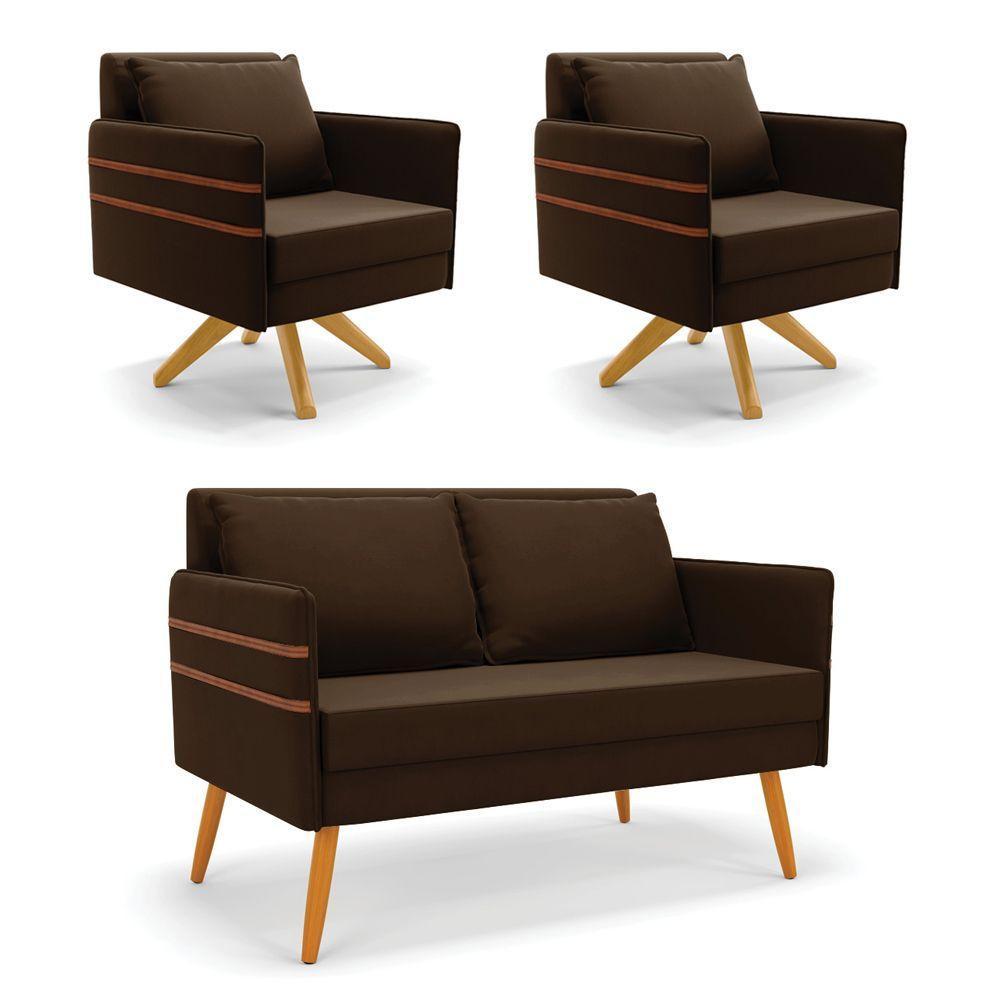 Kit 01 Namoradeira 02 Lugares E 02 Poltronas Mari Suede Marrom Base De Madeira Ma30 - D'Rossi - 1