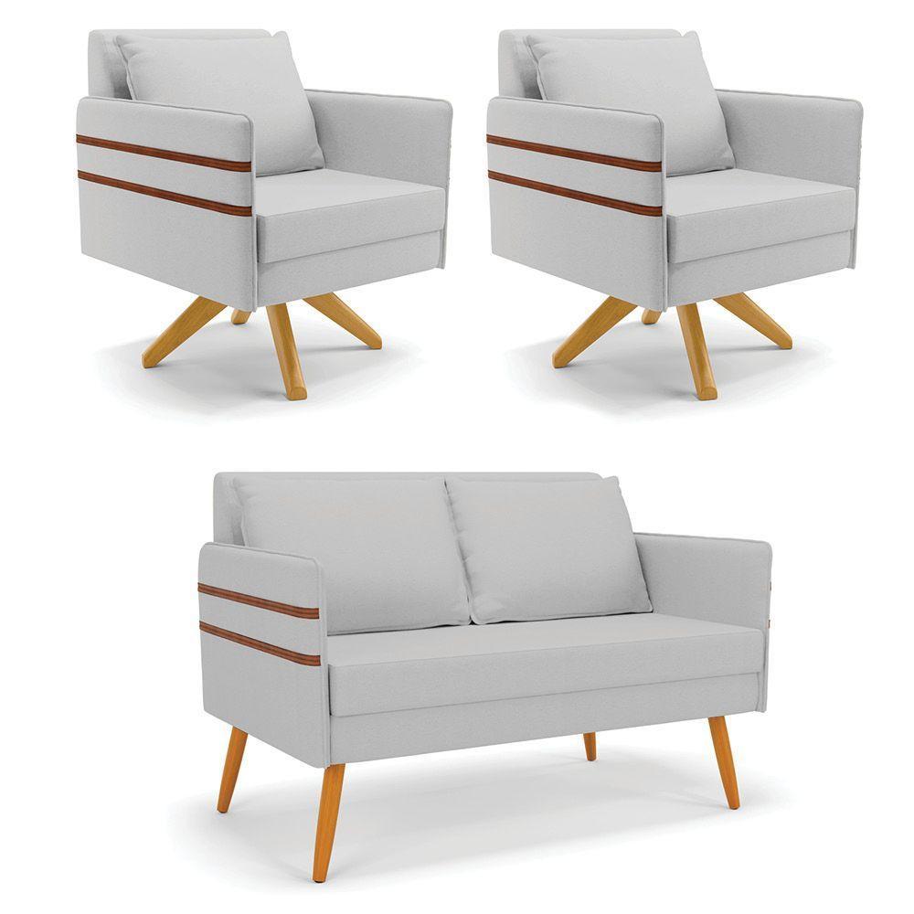 Kit 01 Namoradeira 02 Lugares E 02 Poltronas Mari Linho Base De Madeira Ma30 - D'Rossi A05 Cinza - 1