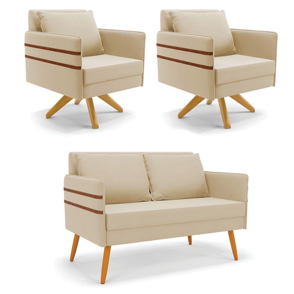 Kit 01 Namoradeira 02 Lugares E 02 Poltronas Mari Suede Bege Base De Madeira Ma30 - D'Rossi - 1
