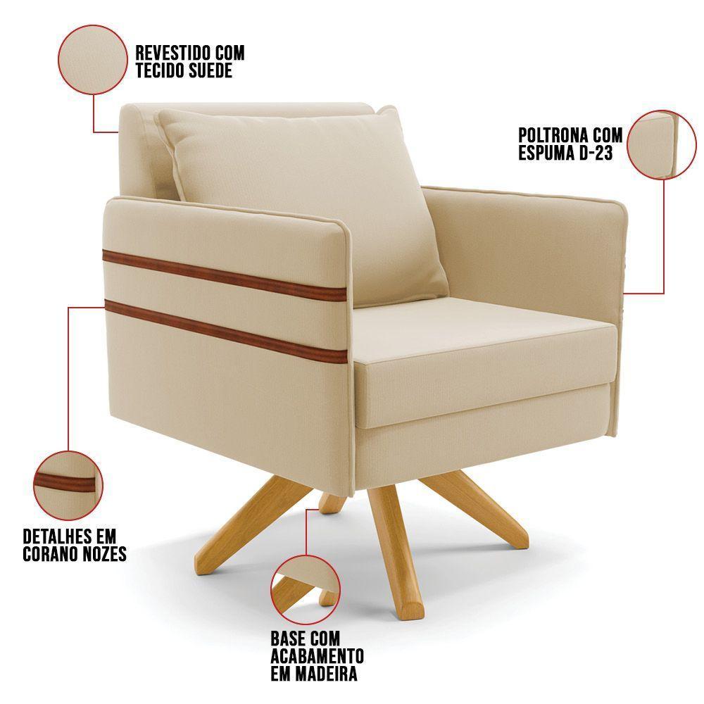 Kit 01 Namoradeira 02 Lugares E 02 Poltronas Mari Suede Bege Base De Madeira Ma30 - D'Rossi - 4