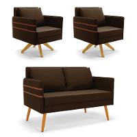 Kit 01 Namoradeira 02 Lugares E 02 Poltronas Mari Suede Base De Madeira Ma30 - D'Rossi Marrom - 1