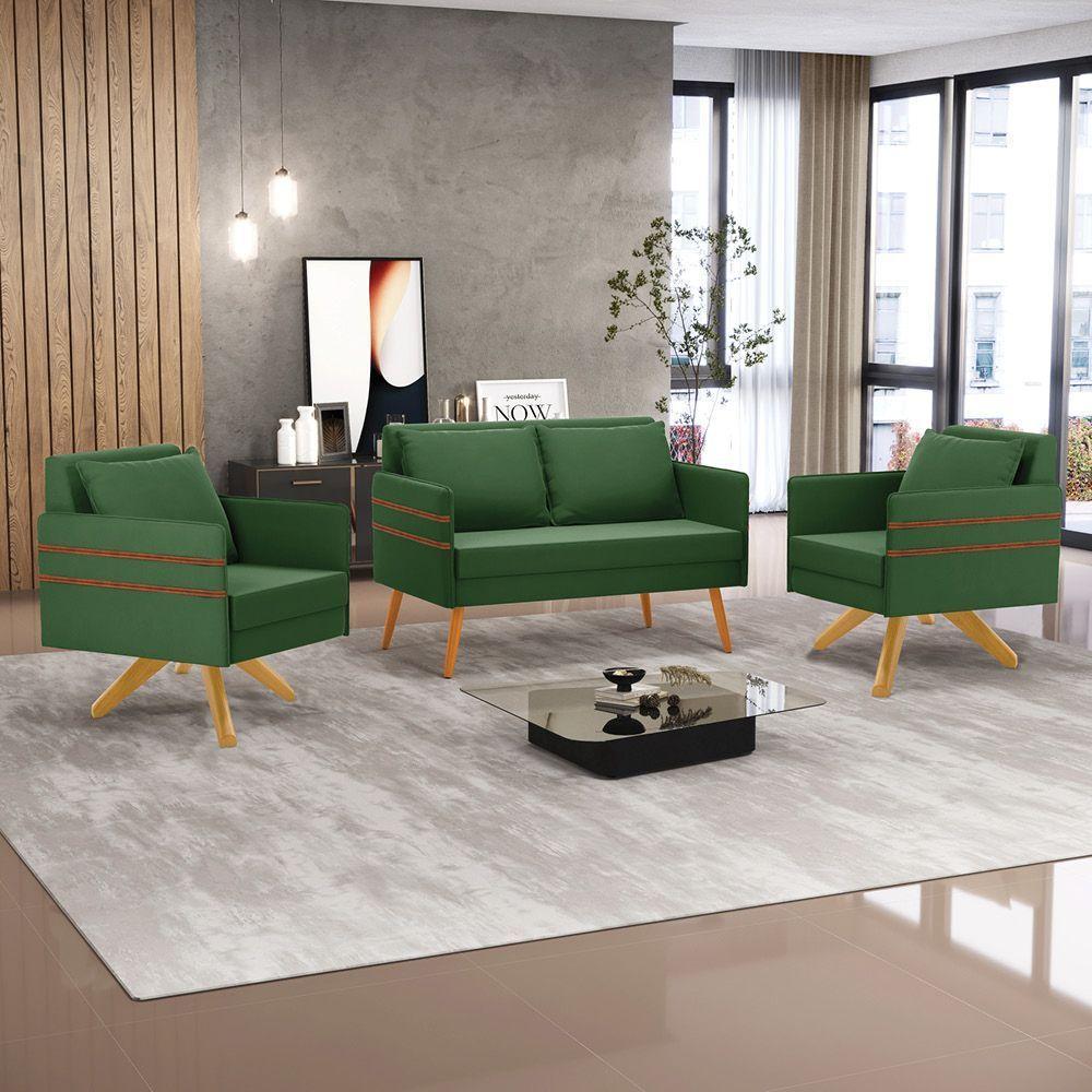 Kit 01 Namoradeira 02 Lugares E 02 Poltronas Mari Suede Verde Base De Madeira Ma30 - D'Rossi - 8