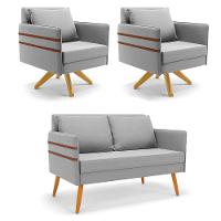 Kit 01 Namoradeira 02 Lugares E 02 Poltronas Mari Suede Base De Madeira Ma30 - D'Rossi Cinza - 1