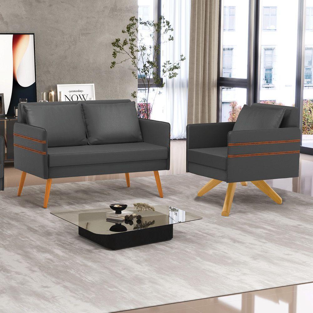 Kit 01 Namoradeira 02 Lugares E 01 Poltrona Mari Corino Preto Base De Madeira Ma30 - D'Rossi - 8