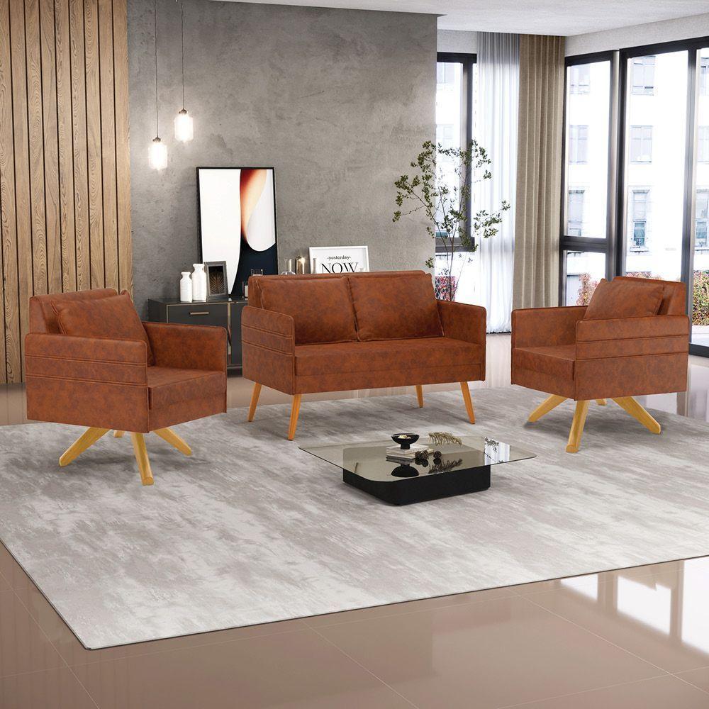 Kit 01 Namoradeira 02 Lugares E 01 Poltrona Mari Corano Nozes Base De Madeira Ma30 - D'Rossi - 8