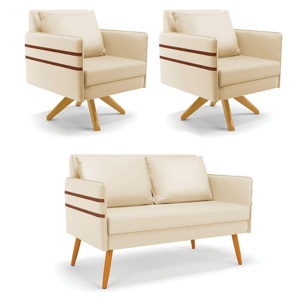 Kit 01 Namoradeira 02 Lugares E 02 Poltronas Mari Corino Base De Madeira Ma30 - D'Rossi Bege - 1