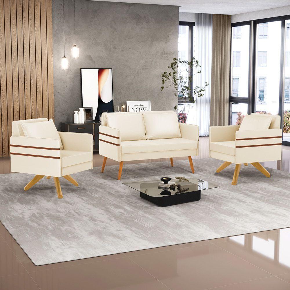 Kit 01 Namoradeira 02 Lugares E 02 Poltronas Mari Corino Base De Madeira Ma30 - D'Rossi Bege - 4