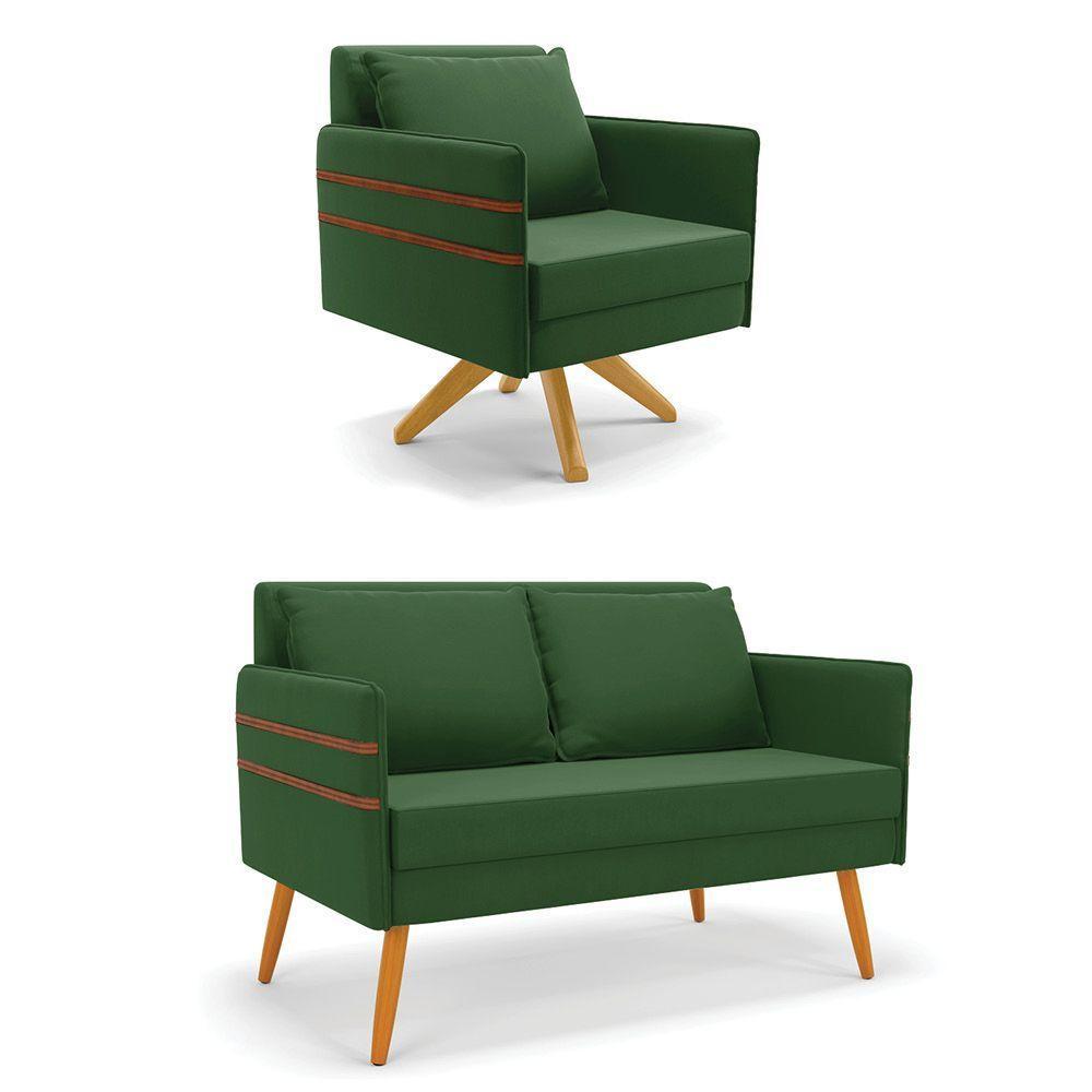 Kit 01 Namoradeira 02 Lugares E 01 Poltrona Mari Suede Verde Base De Madeira Ma30 - D'Rossi - 1