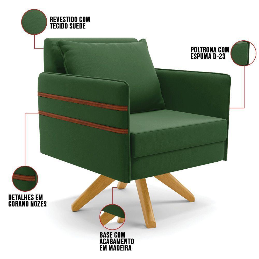 Kit 01 Namoradeira 02 Lugares E 01 Poltrona Mari Suede Verde Base De Madeira Ma30 - D'Rossi - 4